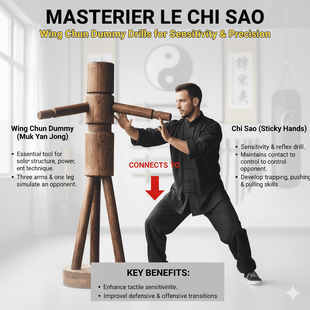 Discover how the Wing Chun dummy (Muk Yan Jong) is an essential tool for mastering Chi Sao (sticky hands) training. Learn key drills and benefits for enhancing sensitivity, precision, and footwork in Wing Chun. wing chun dummy for sticky hands (chi sao) training