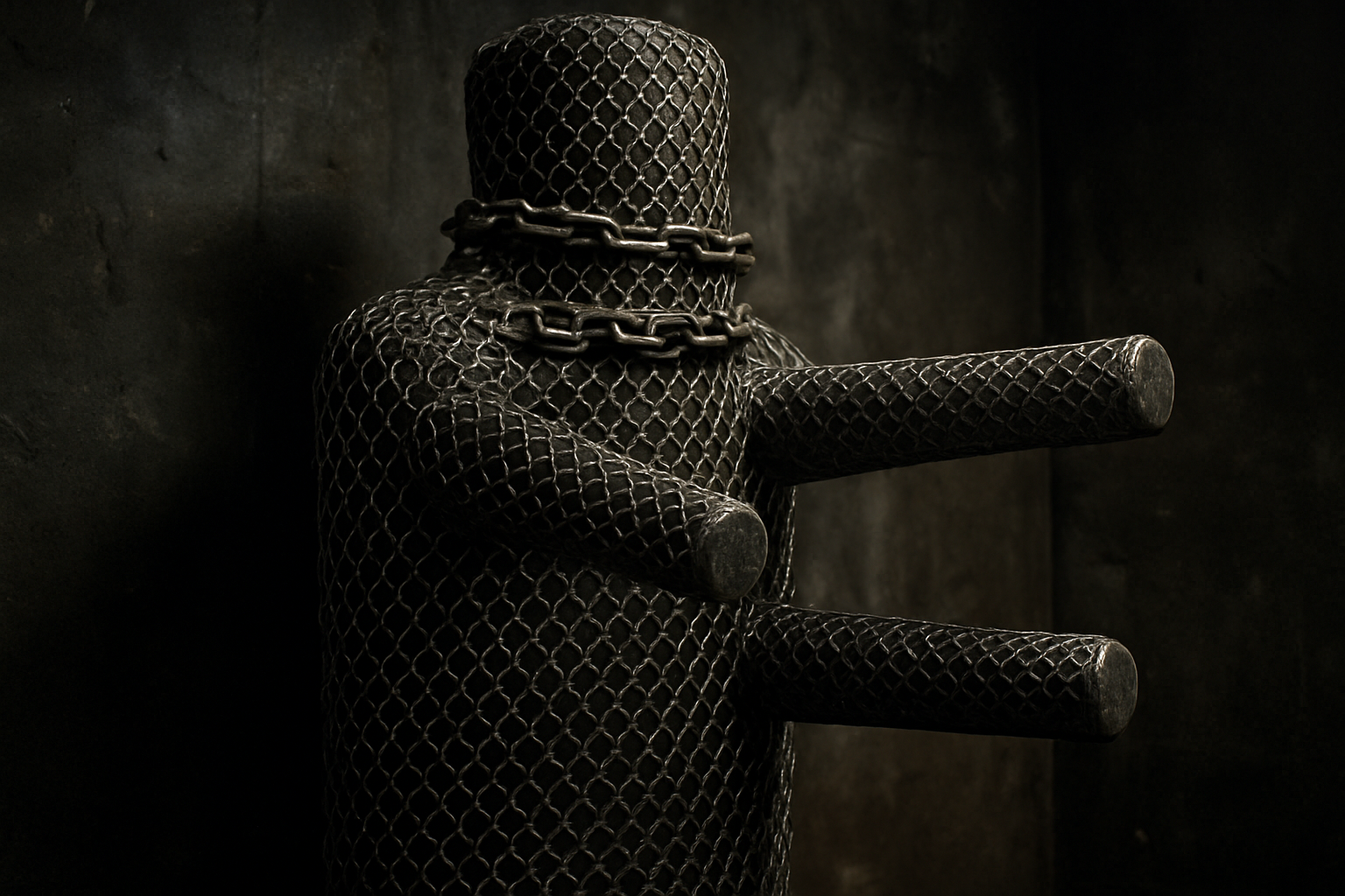 The Chain-Mail Combatant: A Dummy Wrapped in Chain-Link Mesh for Conditioning Forearms - Chain Mail Dummy Feature