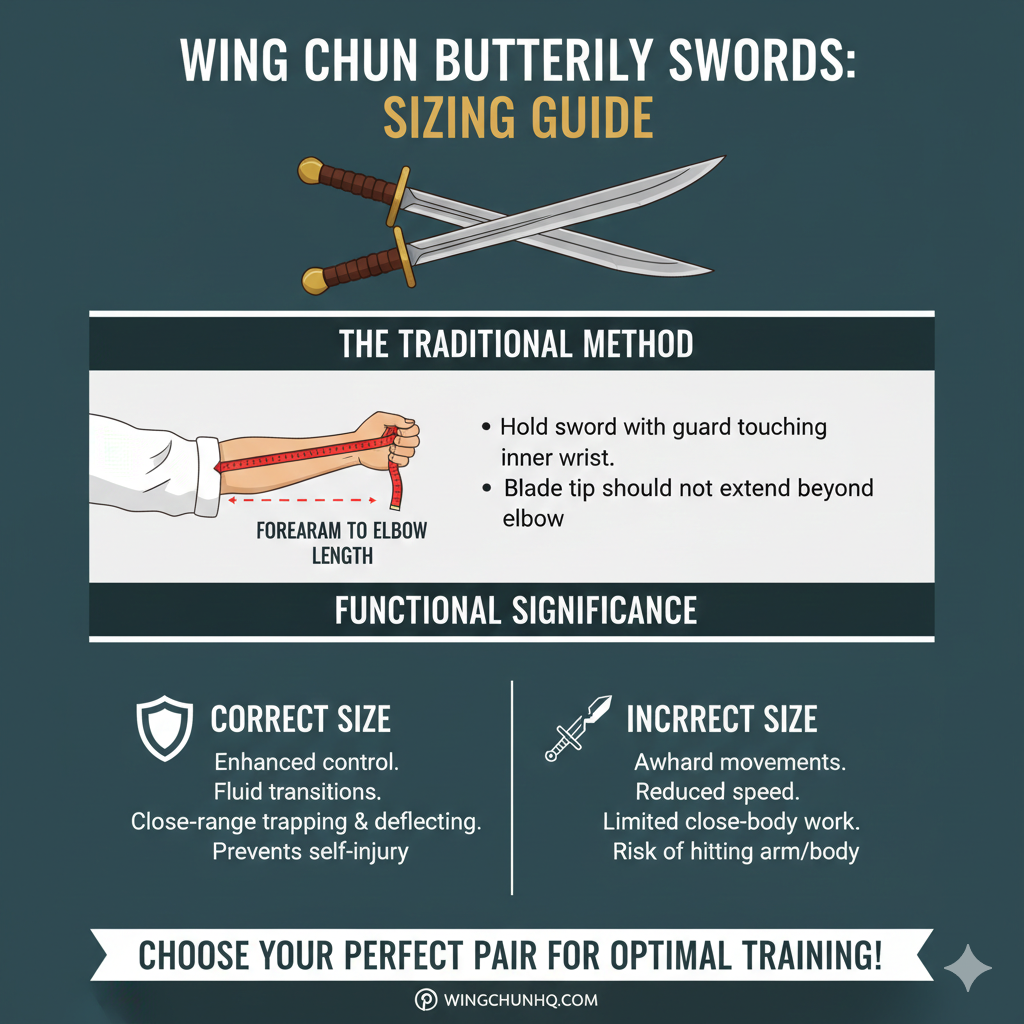A definitive guide to sizing Wing Chun Butterfly Swords (Bart Cham Dao), detailing the traditional forearm-to-elbow measurement, its functional significance, and how to select the perfect length for your training. How to choose the correct size butterfly swordsHow to choose the correct size butterfly swords. How to choose the correct size butterfly swords