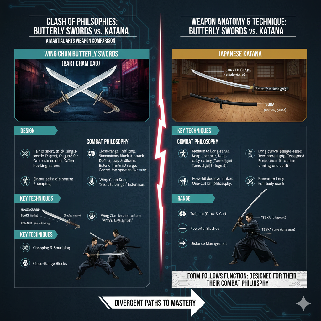 Title: The Clash of Philosophies: Butterfly Swords vs. Katana: A Martial Arts Weapon Comparison (Post 16)
Meta Description: A definitive 2000+ word comparative analysis of the Wing Chun Butterfly Swords (Bart Cham Dao) and the Japanese Katana, exploring their radical differences in design, combat philosophy, range, and the martial arts systems they represent.
Tags: Wing Chun,Butterfly Swords,Bart Cham Dao,Katana,Japanese Sword,Martial Arts Comparison,Weapon Philosophy,Range,Close Combat,Long Range,Design,Efficiency,Kendo,Iaijutsu,Baat Jaam Do
Key phrase : Butterfly swords vs katana: a martial arts weapon comparison