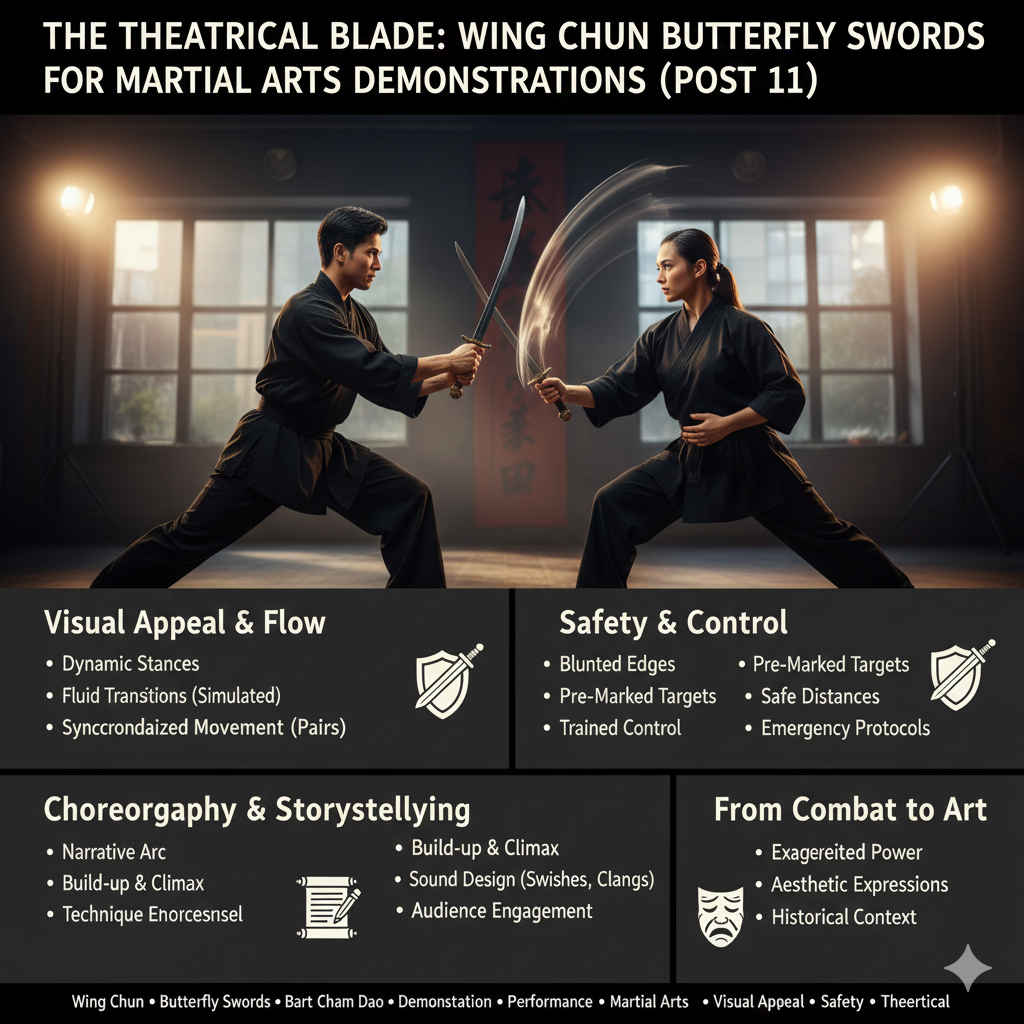 Title: The Theatrical Blade: Wing Chun Butterfly Swords for Martial Arts Demonstrations (Post 11)
Meta Description: A comprehensive 2000+ word guide on utilizing the Wing Chun Butterfly Swords (Bart Cham Dao) for martial arts demonstrations, focusing on visual appeal, safety protocols, choreography, and translating combat efficiency into performance art.
Tags: Wing Chun,Butterfly Swords,Bart Cham Dao,Demonstration,Performance,Choreography,Martial Arts,Visual Appeal,Safety,Training,Form,Close Combat,Theatrical,Exhibition,Showmanship