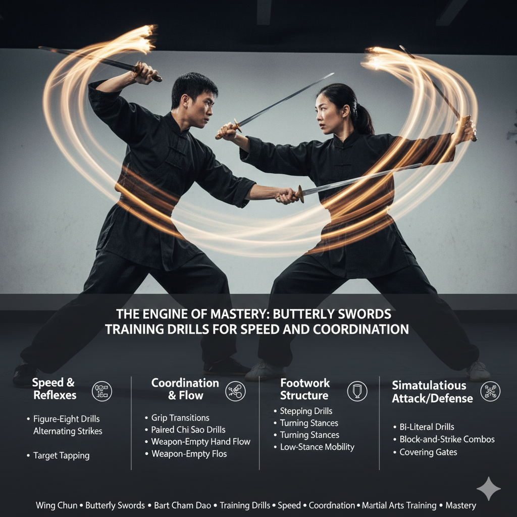 Title: The Engine of Mastery: Butterfly Swords Training Drills for Speed and Coordination
Meta Description: Unlock the full potential of the Bart Cham Dao with essential training drills designed to maximize speed, coordination, and the seamless integration of footwork and simultaneous attack/defense.
Tags: Wing Chun,Butterfly Swords,Bart Cham Dao,Training Drills,Speed,Coordination,Footwork,Simultaneous Attack,Martial Arts Training,Figure Eight,Chi Sao,Close Combat,Drills,Precision,Mastery
