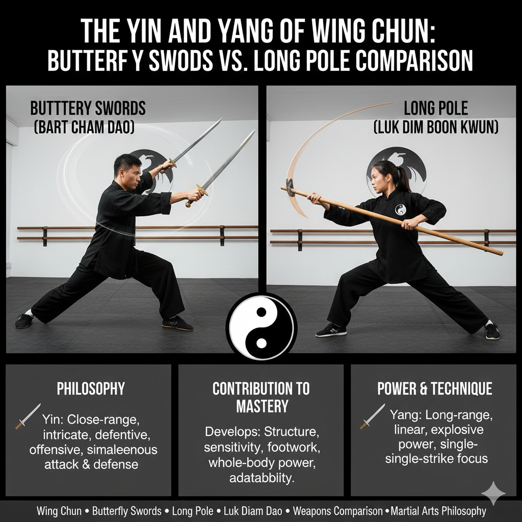 Title: The Yin and Yang of Wing Chun: Butterfly Swords vs. Long Pole Comparison Meta Description: An in-depth analysis comparing the Wing Chun Butterfly Swords (Bart Cham Dao) and the Long Pole (Luk Dim Boon Kwun), exploring their contrasting philosophies, techniques, and contributions to the practitioner's mastery. Tags: Wing Chun,Butterfly Swords,Long Pole,Bart Cham Dao,Luk Dim Boon Kwun,Weapons Comparison,Kung Fu Weapons,Short vs Long,Power Generation,Close Combat,Long Bridge,Weapon Training,Yin and Yang,Martial Arts Philosophy,Structure
