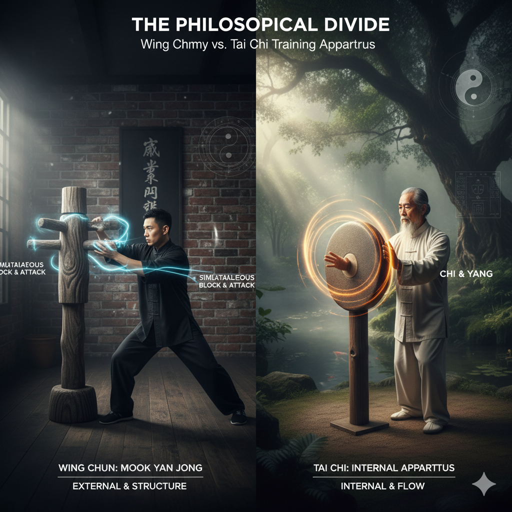 The Philosophical Divide: Wing Chun Dummy vs. Tai Chi Training Apparatus