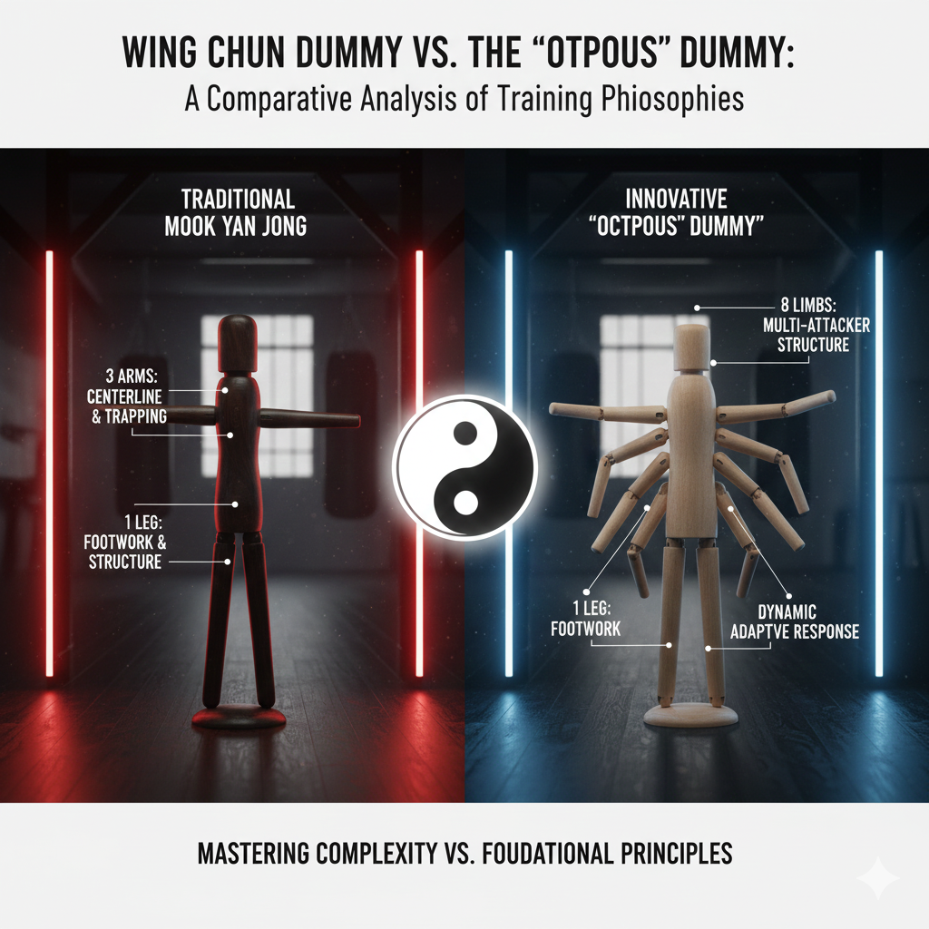 Title: Wing Chun Dummy vs. The "Octopus" Dummy: A Comparative Analysis of Training Philosophies
Meta Description: A deep dive comparing the traditional 3-arm Mook Yan Jong with the innovative 8-limbed "Octopus" dummy, examining their structural differences and impact on Wing Chun training.
Tags: Wing Chun, Mook Yan Jong, Wooden Dummy, Octopus Dummy, Randy Williams, Training Philosophy, Structural Integrity, Multiple Attackers, Advanced Training, Kung Fu, Martial Arts, Training Equipment
Key phrase : Wing chun dummy vs the "Octopus" dummy design