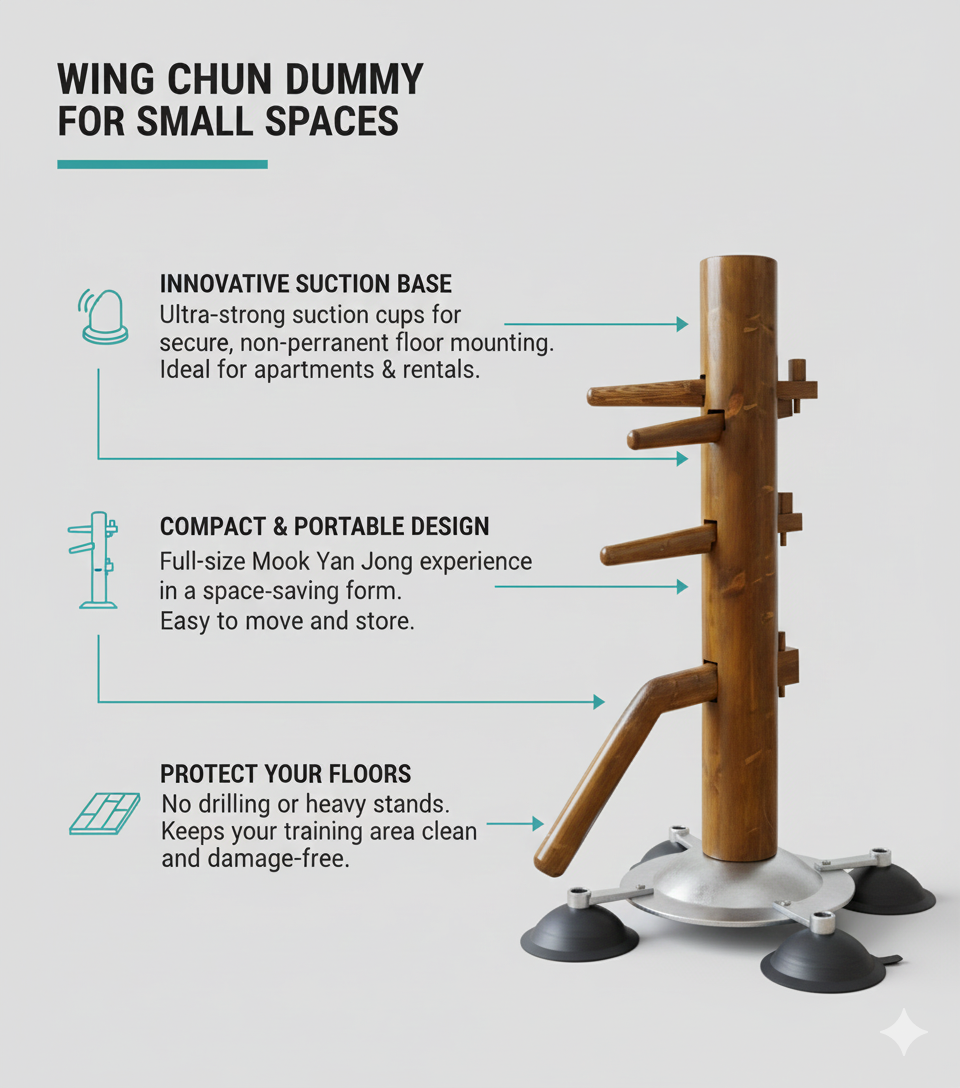 Wing chun dummy for small spaces with suction cups