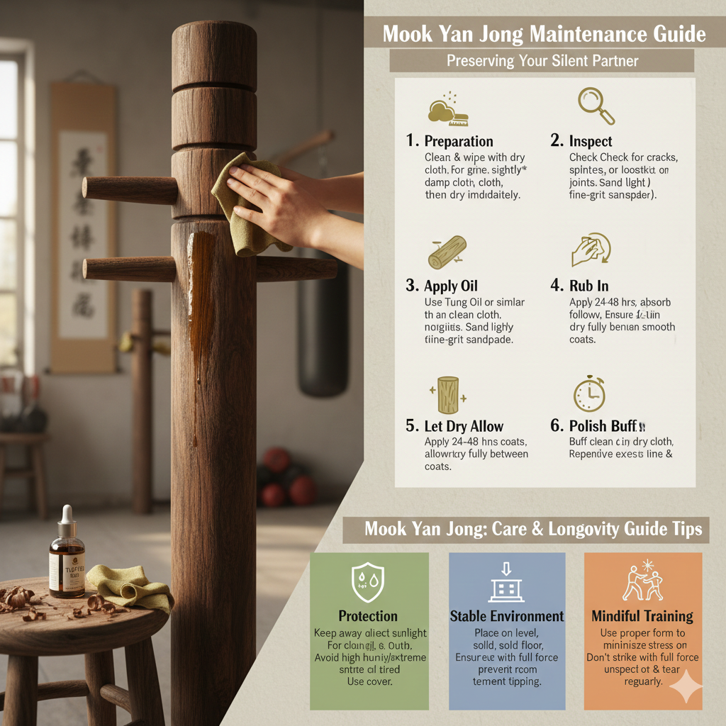 Title: Mook Yan Jong Maintenance and Oiling Guide: Preserving Your Silent Partner Meta Description: Learn step-by-step how to maintain, oil, and protect your Mook Yan Jong (Wooden Dummy) for longevity, safety, and optimal training performance. Tags: Mook Yan Jong, wooden dummy, Wing Chun, dummy maintenance, dummy oiling, Tung oil, training gear, martial arts equipment, preservation, dummy care, wooden dummy tips, Wing Chun journey, training safety, equipment longevity, Wing Chun tools Mook Yan Jong maintenance guide