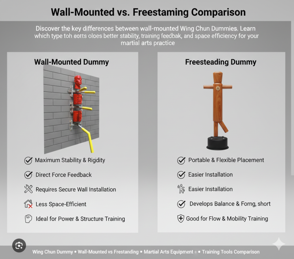 wall-mounted and freestanding Wing Title: Wall-Mounted vs. Freestanding Wing Chun Dummy: A Comprehensive Comparison Meta Description: Discover the key differences between wall-mounted and freestanding Wing Chun dummies. Learn which type offers better stability, training feedback, and space efficiency for your martial arts practice. Tags: Wing Chun Dummy, Wall-Mounted vs Freestanding, Mook Yan Jong, Martial Arts Equipment, Training Tools Comparison