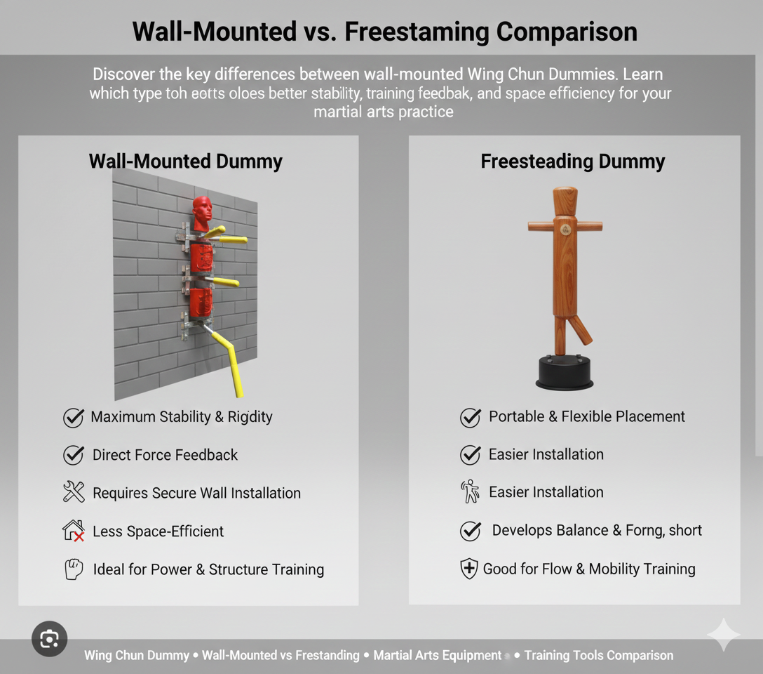 wall-mounted and freestanding WingTitle: Wall-Mounted vs. Freestanding Wing Chun Dummy: A Comprehensive Comparison
Meta Description: Discover the key differences between wall-mounted and freestanding Wing Chun dummies. Learn which type offers better stability, training feedback, and space efficiency for your martial arts practice.
Tags: Wing Chun Dummy, Wall-Mounted vs Freestanding, Mook Yan Jong, Martial Arts Equipment, Training Tools Comparison